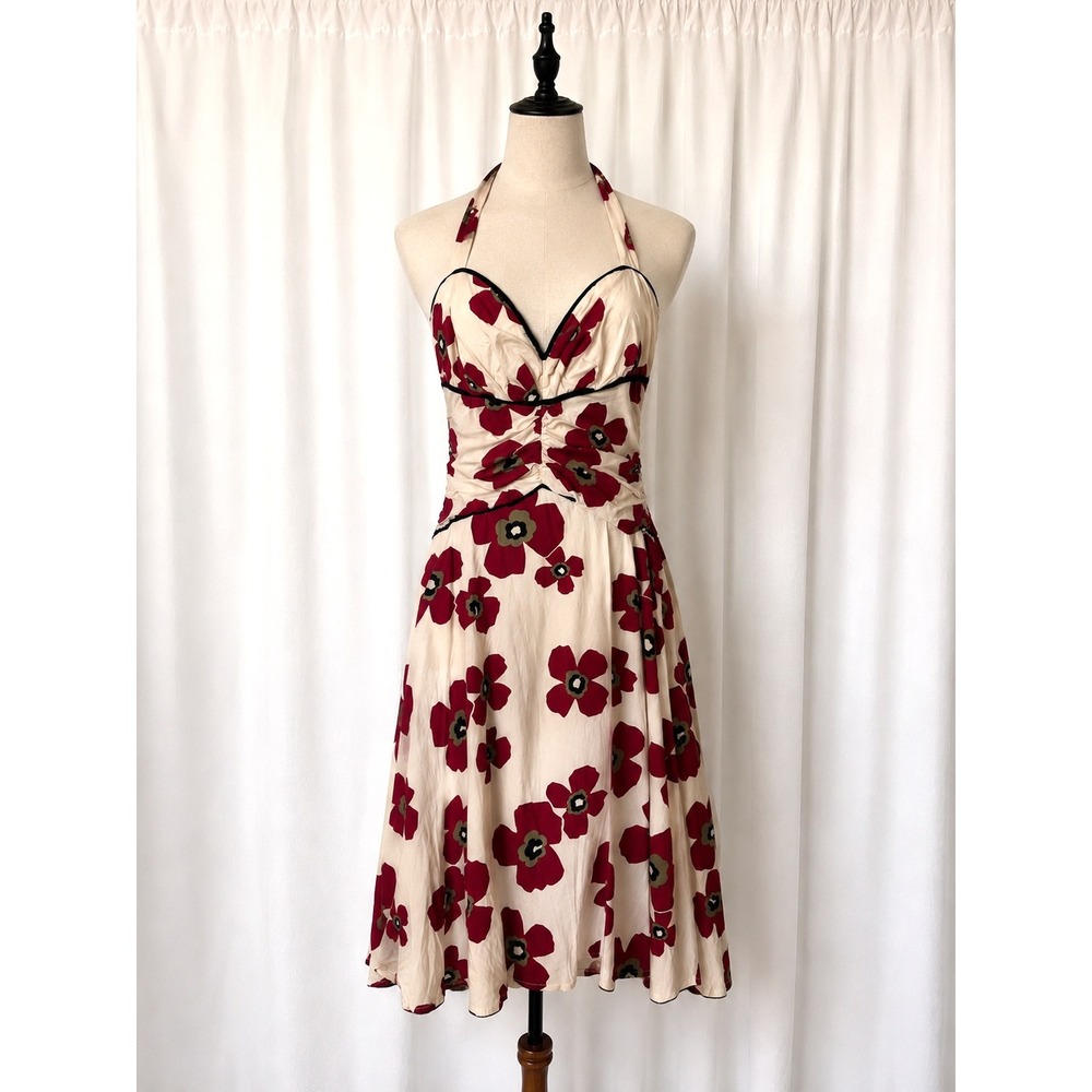 Vintage XOXO Floral Halter Dress Sz 9 Y2K 90s Ruched Corset Pinup Midi Romantic